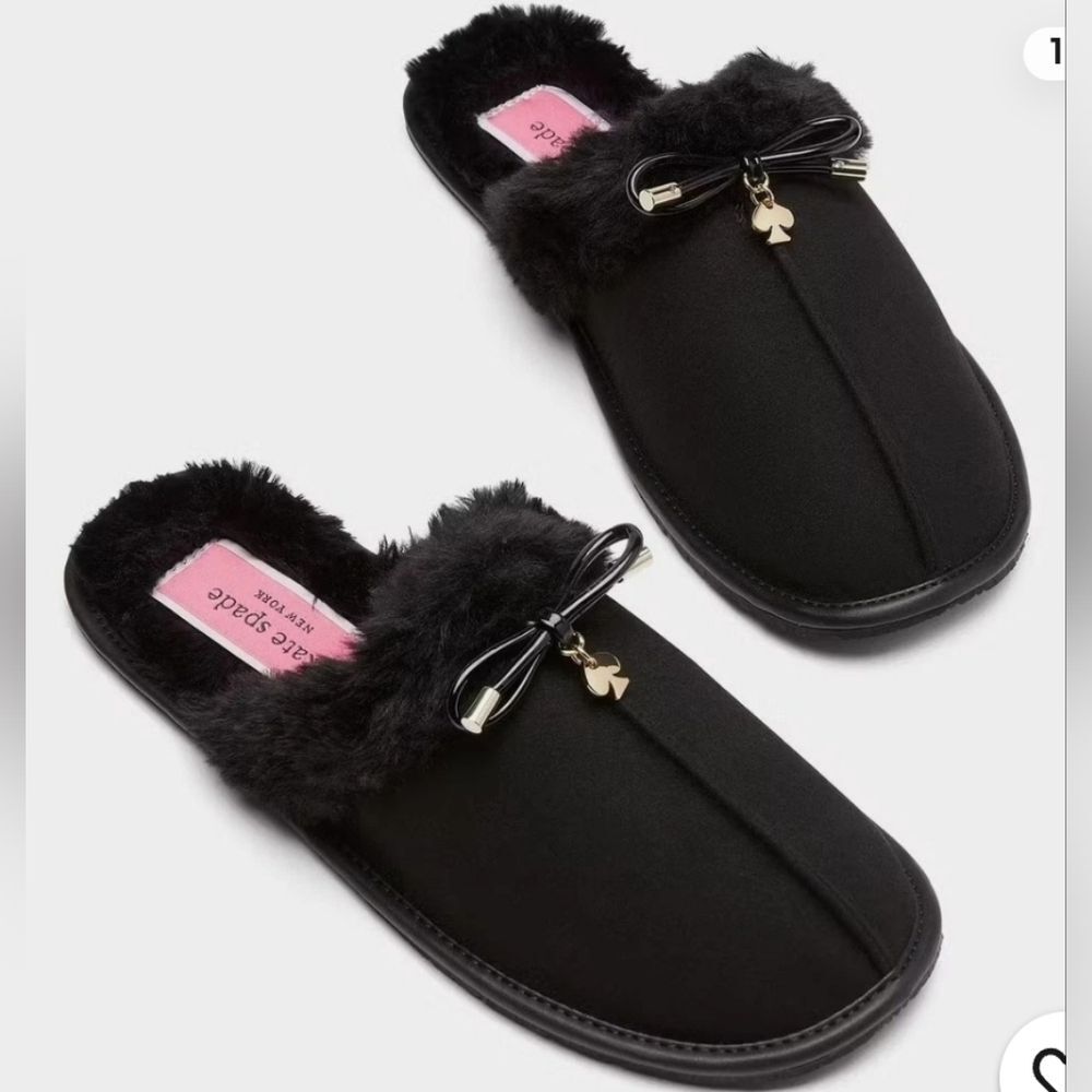 Kate Spade Black Fuzzy Fur Lacey House Women's Slippers 10